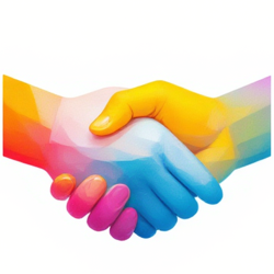 A handshake with a colorful pair of hands.